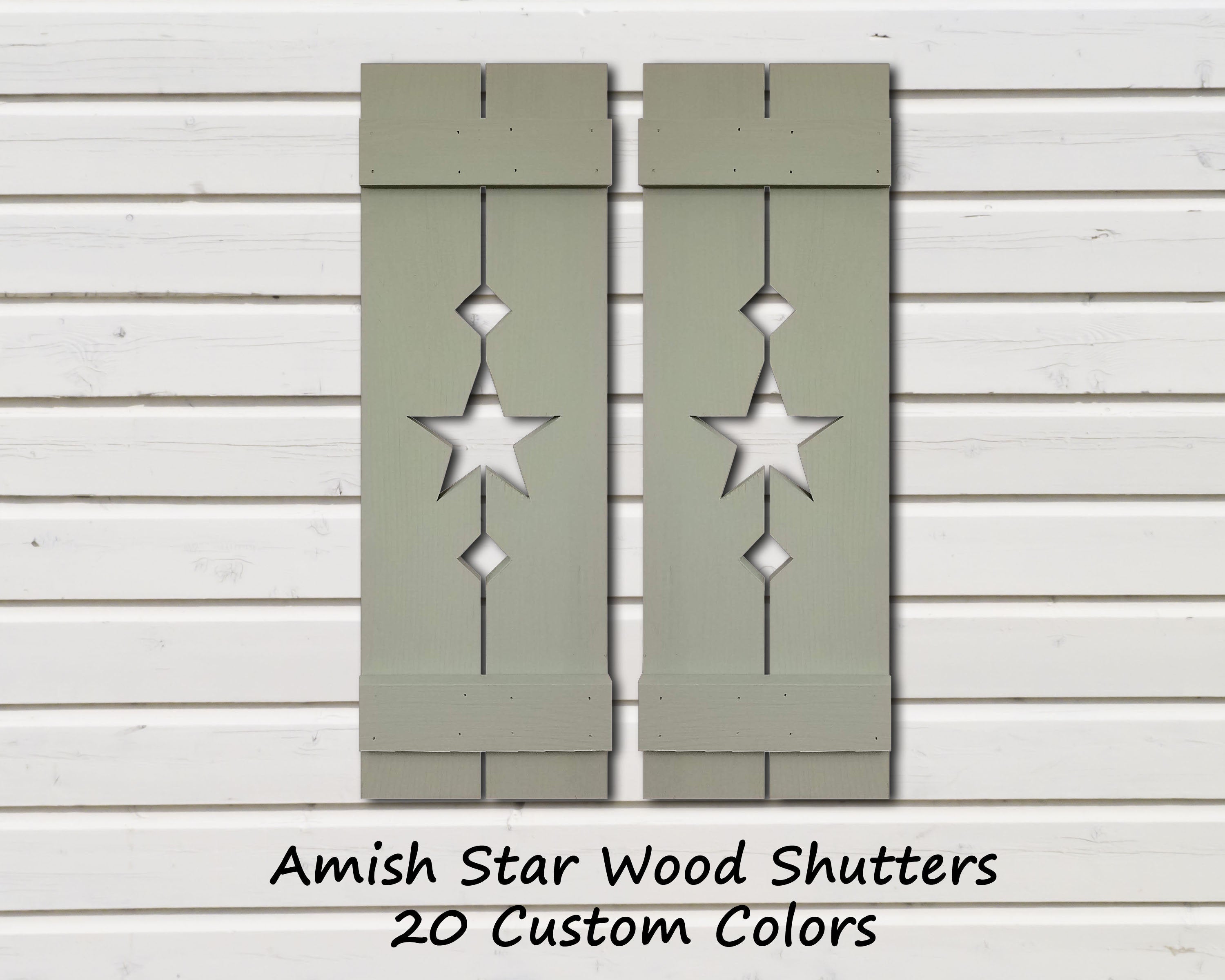Amish Star Wooden Shutters - 20 Paint Colors, Shown in Avocado Green