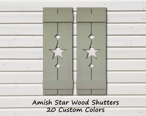 Amish Star Wooden Shutters - 20 Paint Colors, Shown in Avocado Green