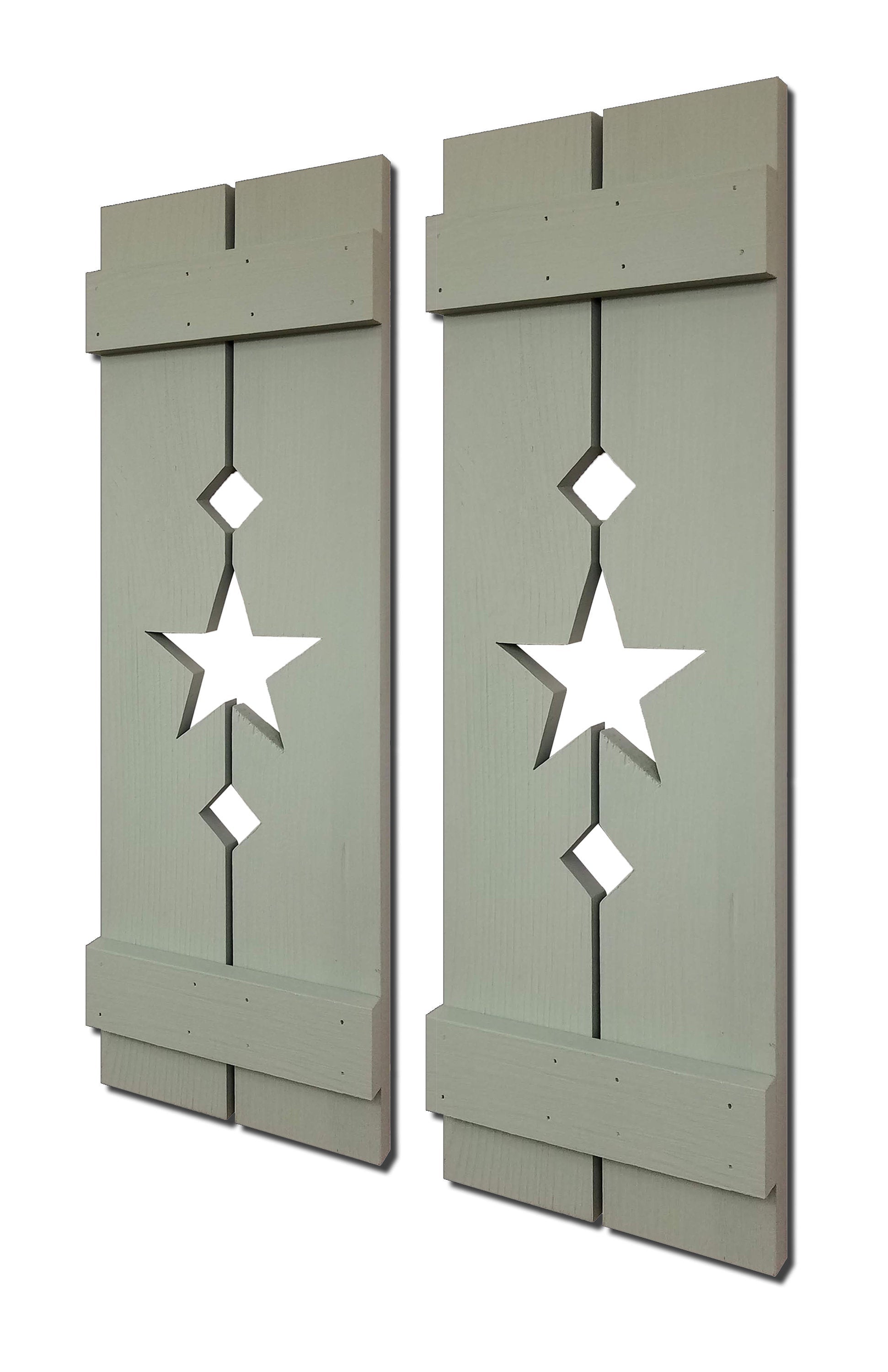 Amish Star Wooden Shutters - 20 Paint Colors, Shown in Avocado Green