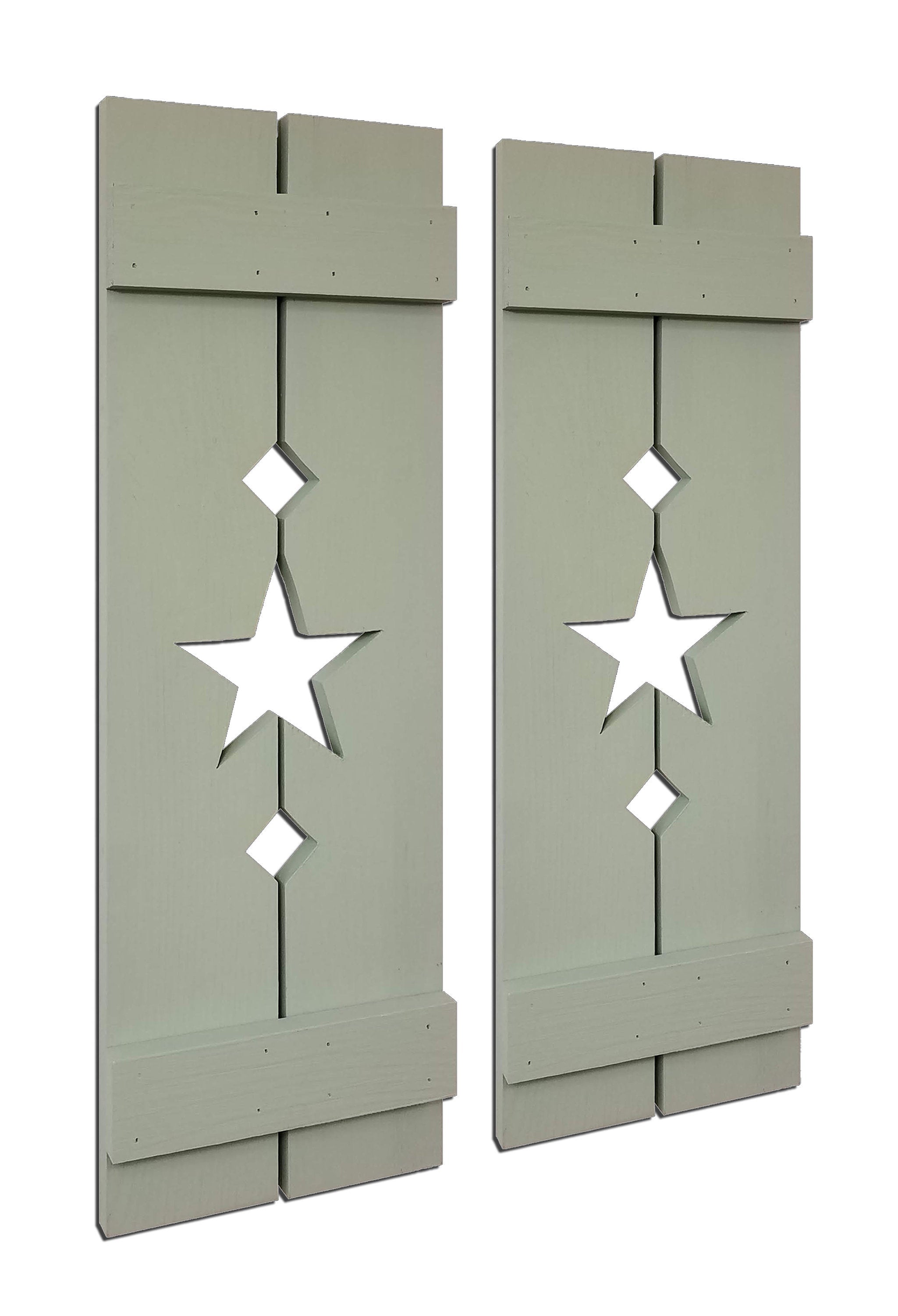 Amish Star Wooden Shutters - 20 Paint Colors, Shown in Avocado Green