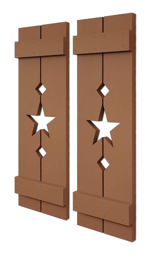 Amish Star Wooden Shutters - 20 Paint Colors, Shown in Lab Brown
