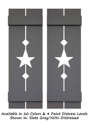 Amish Star Wooden Shutters - 20 Paint Colors, Shown in Slate Gray