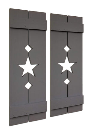 Amish Star Wooden Shutters - 20 Paint Colors, Shown in Slate Gray
