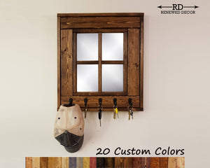 Barn Window Mirror With Hooks - 20 Stain Colors - Renewed Decor & Storage