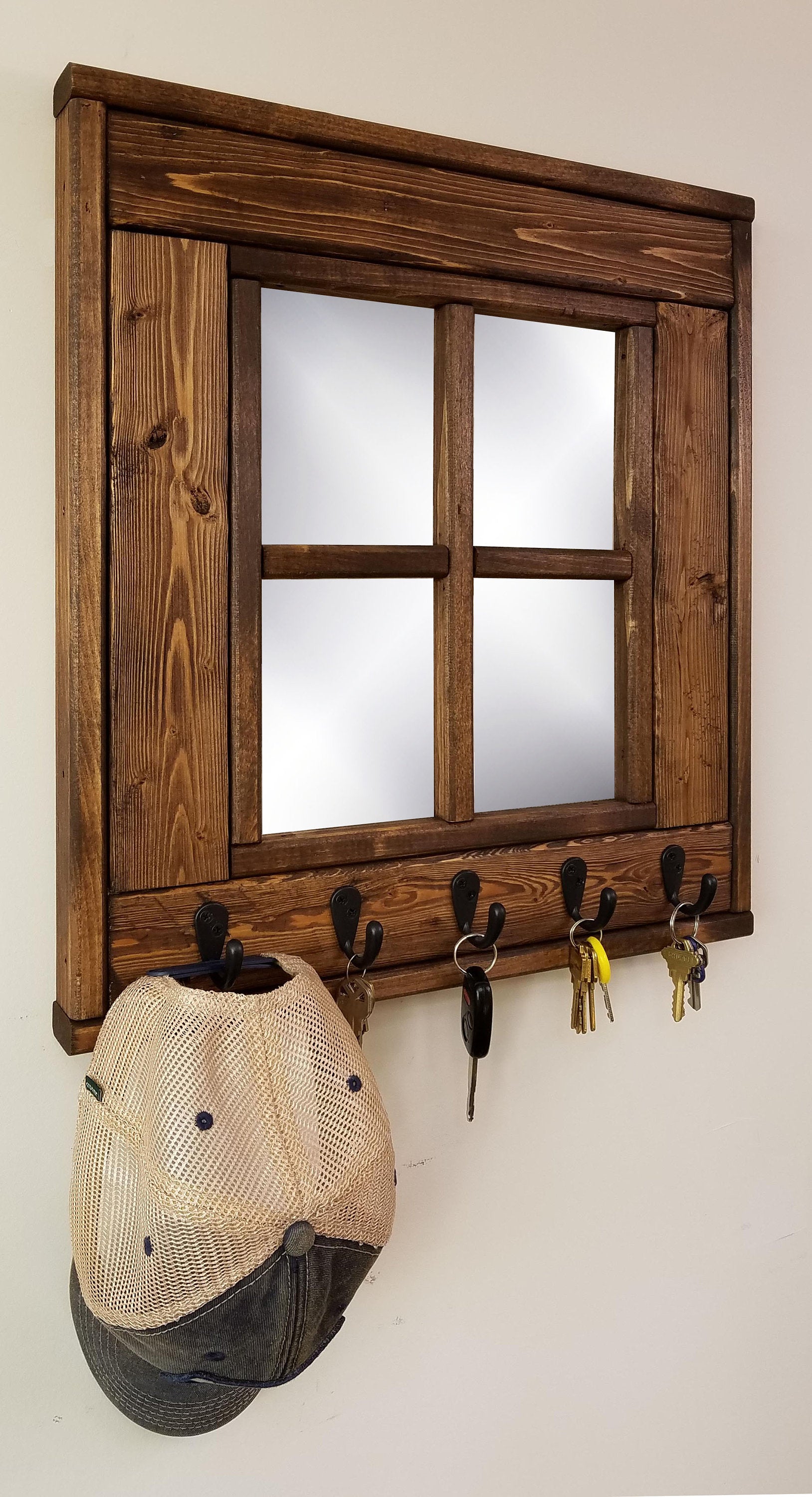 Barn Window Mirror With Hooks - 20 Stain Colors, Shown in Special Walnut