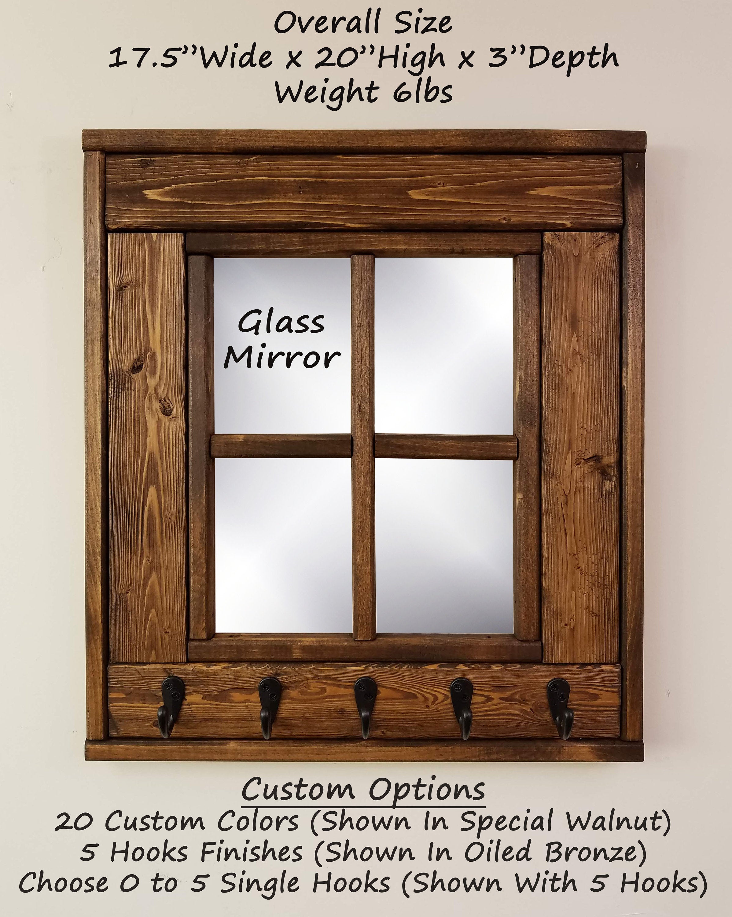 Barn Window Mirror With Hooks - 20 Stain Colors, Shown in Special Walnut