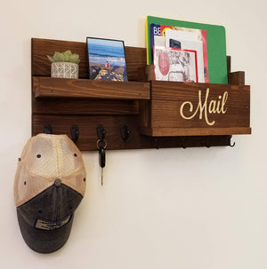 Restyled Farmhouse Mail Organizer with Hooks - 20 Stain Colors, Shown in Special Walnuts
