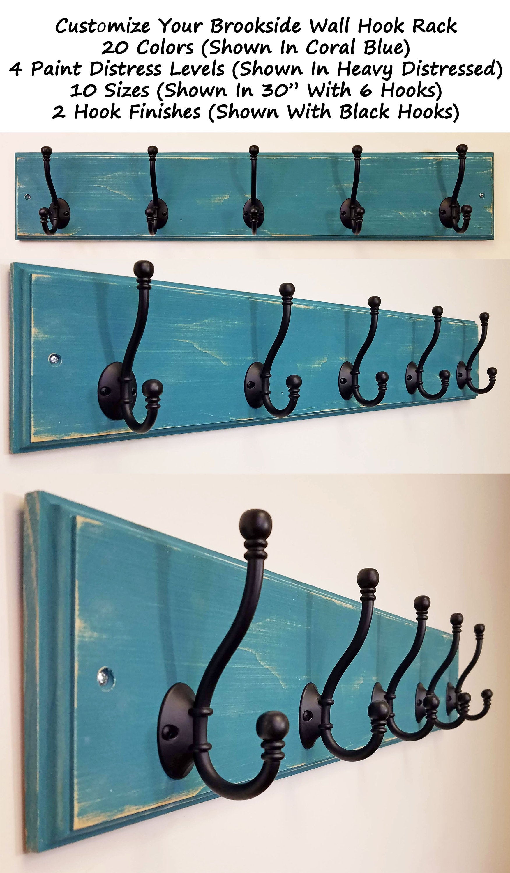 Brookside Wall Mounted Hook Rack - 20 Paint Colors, Shown in Coral Blue