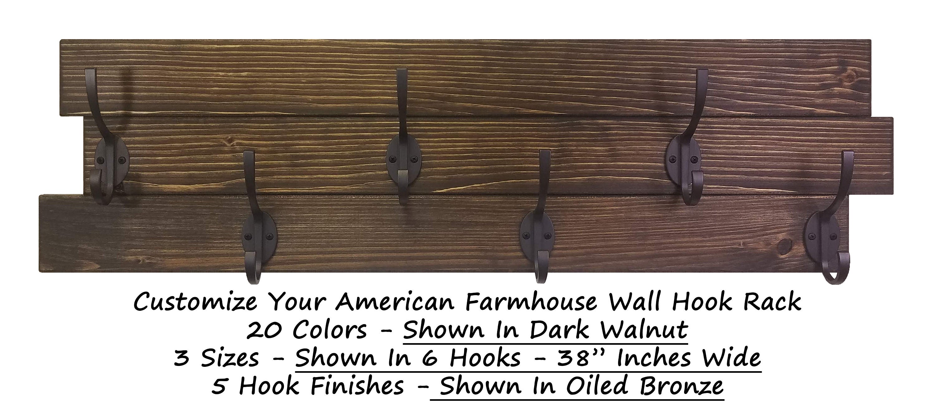 American Farmhouse Wood Wall Hook Rack - 20 Stain Colors, Shown in Dark Walnut