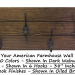 American Farmhouse Wood Wall Hook Rack - 20 Stain Colors, Shown in Dark Walnut