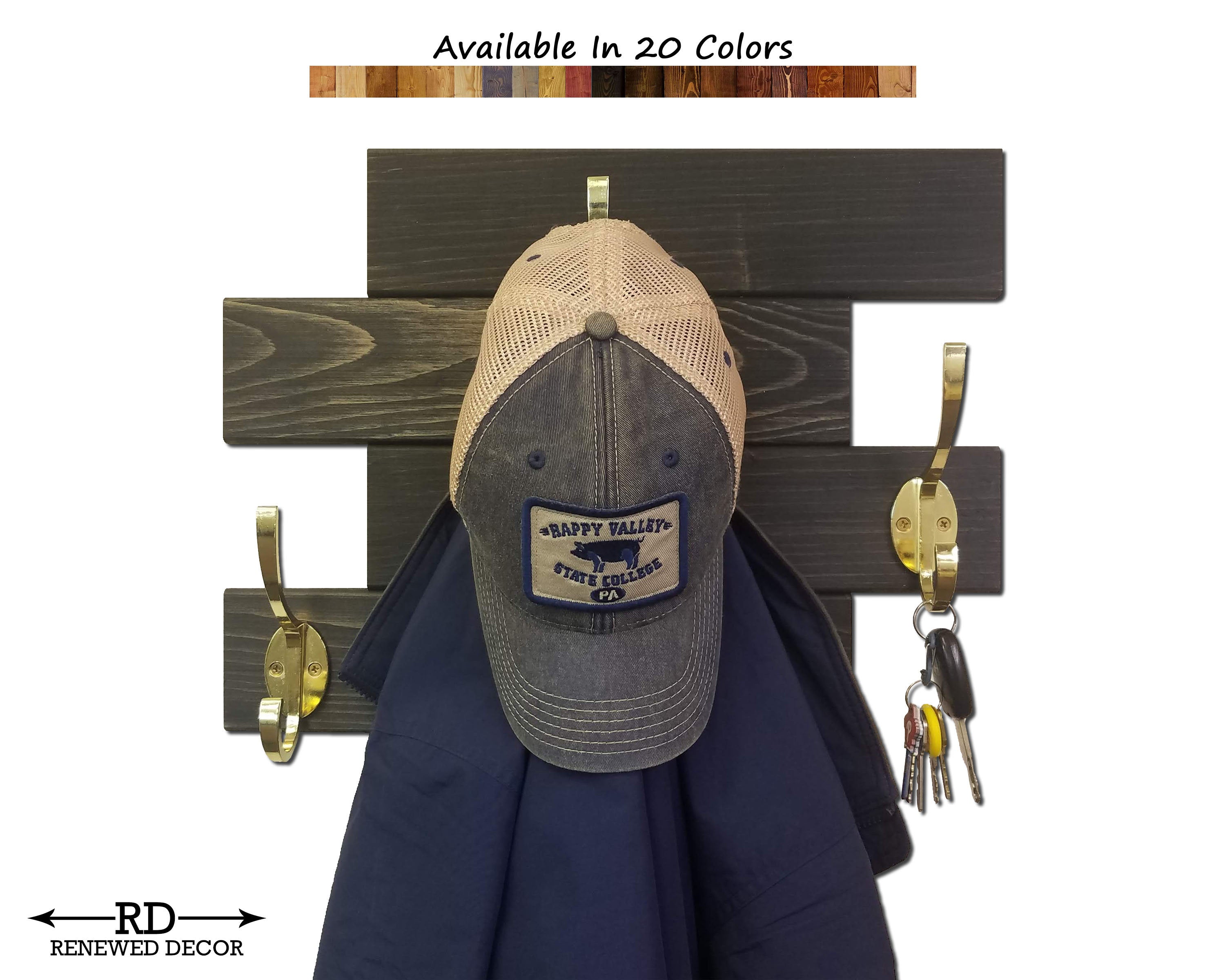 Cabin Wall Mounted Coat Rack - 20 Stain Colors, Shown In Ebony & Brass Hooks