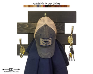 Cabin Wall Mounted Coat Rack - 20 Stain Colors, Shown In Ebony & Brass Hooks