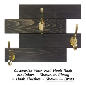 Cabin Wall Mounted Coat Rack - 20 Stain Colors, Shown In Ebony & Brass Hooks