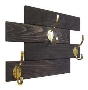 Cabin Wall Mounted Coat Rack - 20 Stain Colors, Shown In Ebony & Brass Hooks