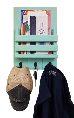Sydney Slat Front, Mail Holder Organizer and Key Holder, Available with up to 3 Single Key Hooks – 20 Custom Colors: Shown in Sea Blue - Renewed Decor & Storage